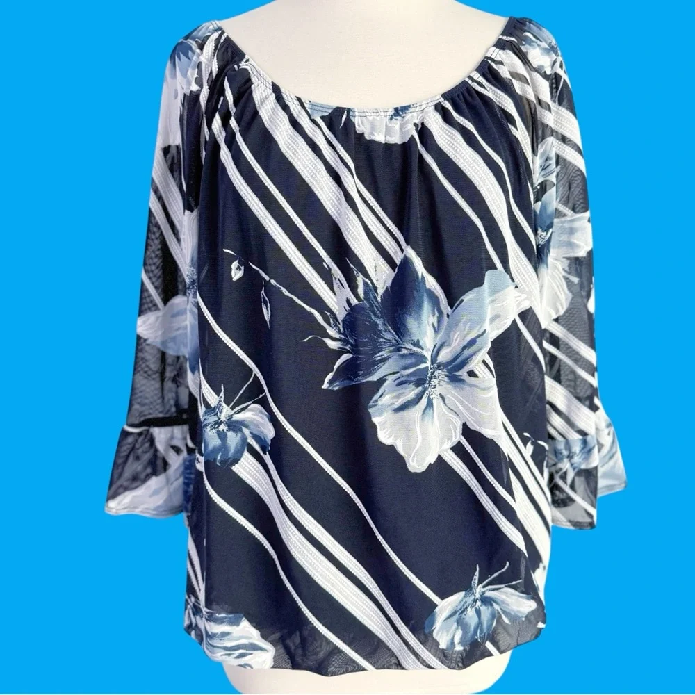 Espresso Floral 3/4 Ruffle Sleeve Pullover Chiffon Blouse Women’s XL Navy - Picture 4 of 10